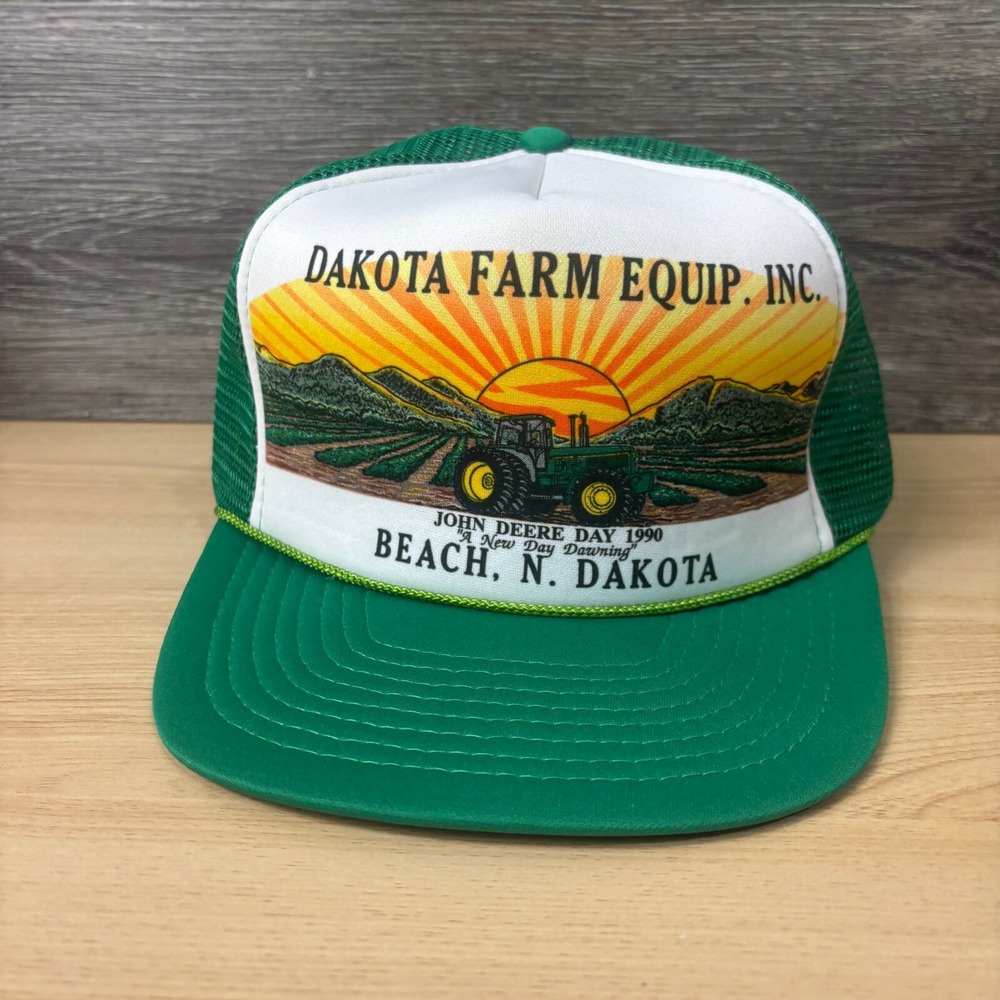 Vintage John Deere‎ Hat Cap Snap Back Green Dakota Farm Equipment Sunset